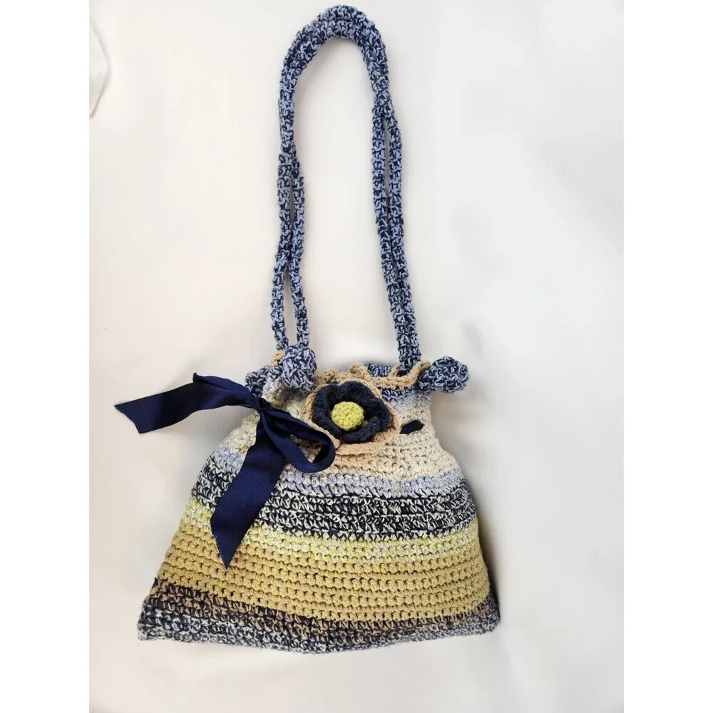 Funky Fun Handmade Crochet Knit Bag Large Purse‎ Boho Hippie Flowers Blue Beige